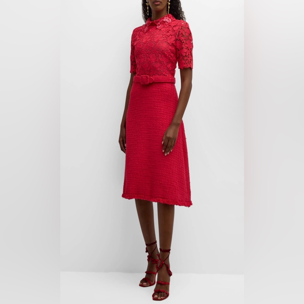 Oscar de la Renta NWT Short-Sleeve Gardenia Guipure And Tweed Midi Dress